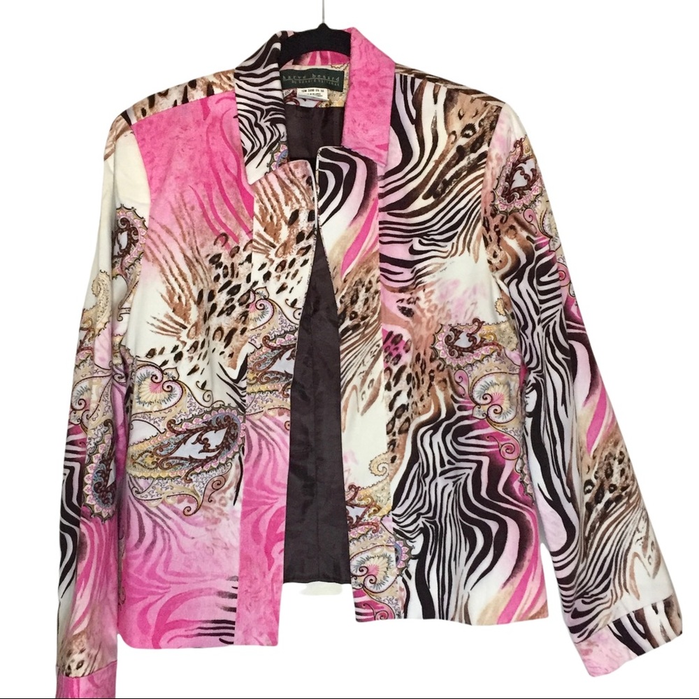 Harve Bernard Pink Brown Animal Print Open Front Blazer Jacket